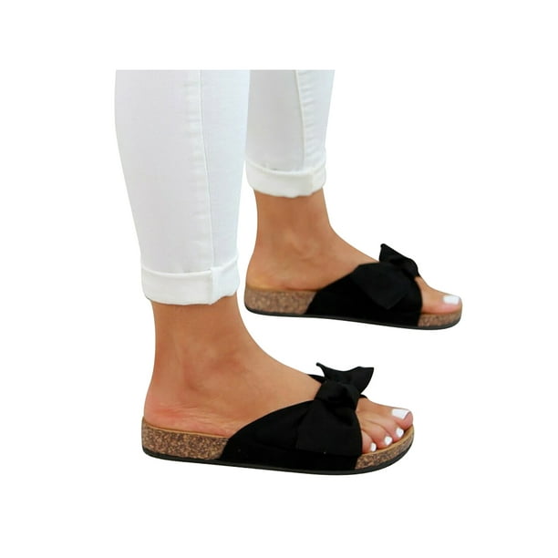 Ladies Womens Shoes Slip On Sliders Flip Flops Bow Flat Mule Summer Sandals